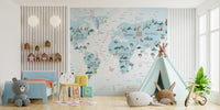Soft blue world map murals for children’s room
