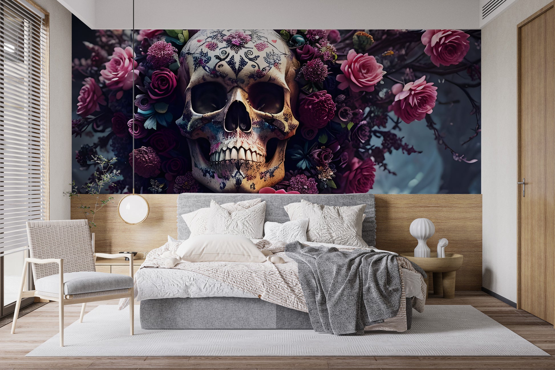 Floral Skull Halloween dark wallpaper for walls.