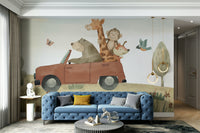 Travel-themed nursery wallpaper with adorable animals
