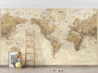 Classic brown world map wallpaper design
