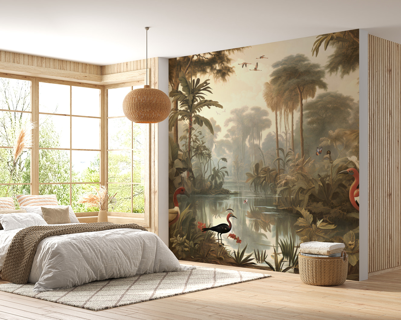 Watercolor riverside forest wallpaper mural with serene charm