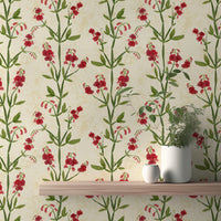 Elegant magenta leaves wallpaper with sweet peas floral design.

