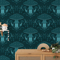 Whimsical heritage mushroom wallpaper in blue for a cozy vibe.
