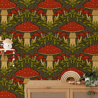 Artistic deep red heritage mushroom mural for unique interiors.
