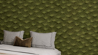 Mystic Moss Fanfare wallpaper with elegant green fan motifs.
