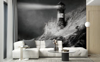 Black and white peel and stick lighthouse wallpaper design