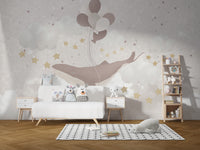 Kids room mural with floating whale
