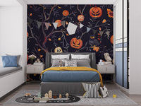 Spooky Halloween mural with pumpkins owls wall mural.

