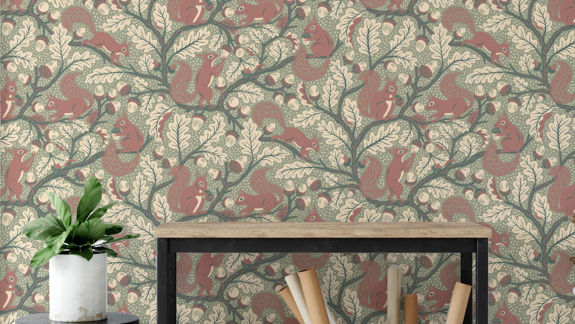 Green wallpaper with squirrels and oak trees

