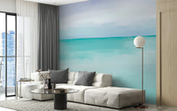 Soothing turquoise wallpaper with seascape design for living room