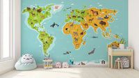 Wildlife-Themed World Map Wall Mural
