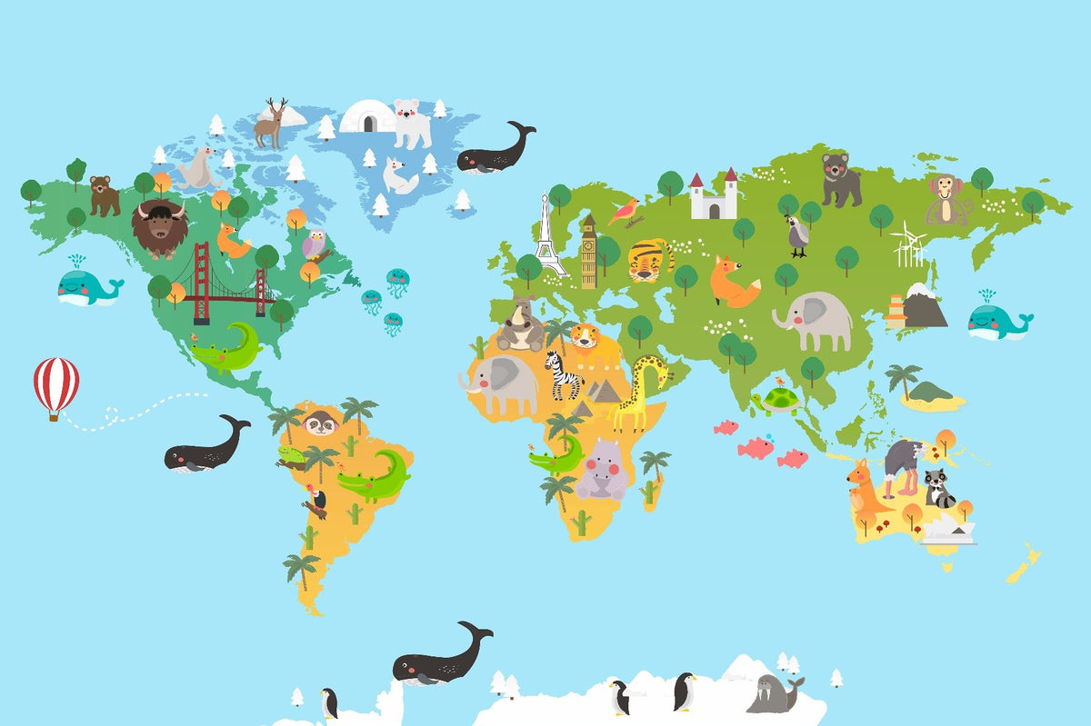 Kids World Map Animal Wallpaper Mural
