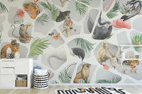 Light gray watercolor monkey and birds mural for modern spaces.
