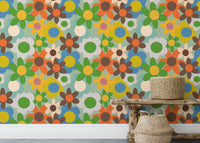 Retro colorful floral wallpaper with vibrant flowers
