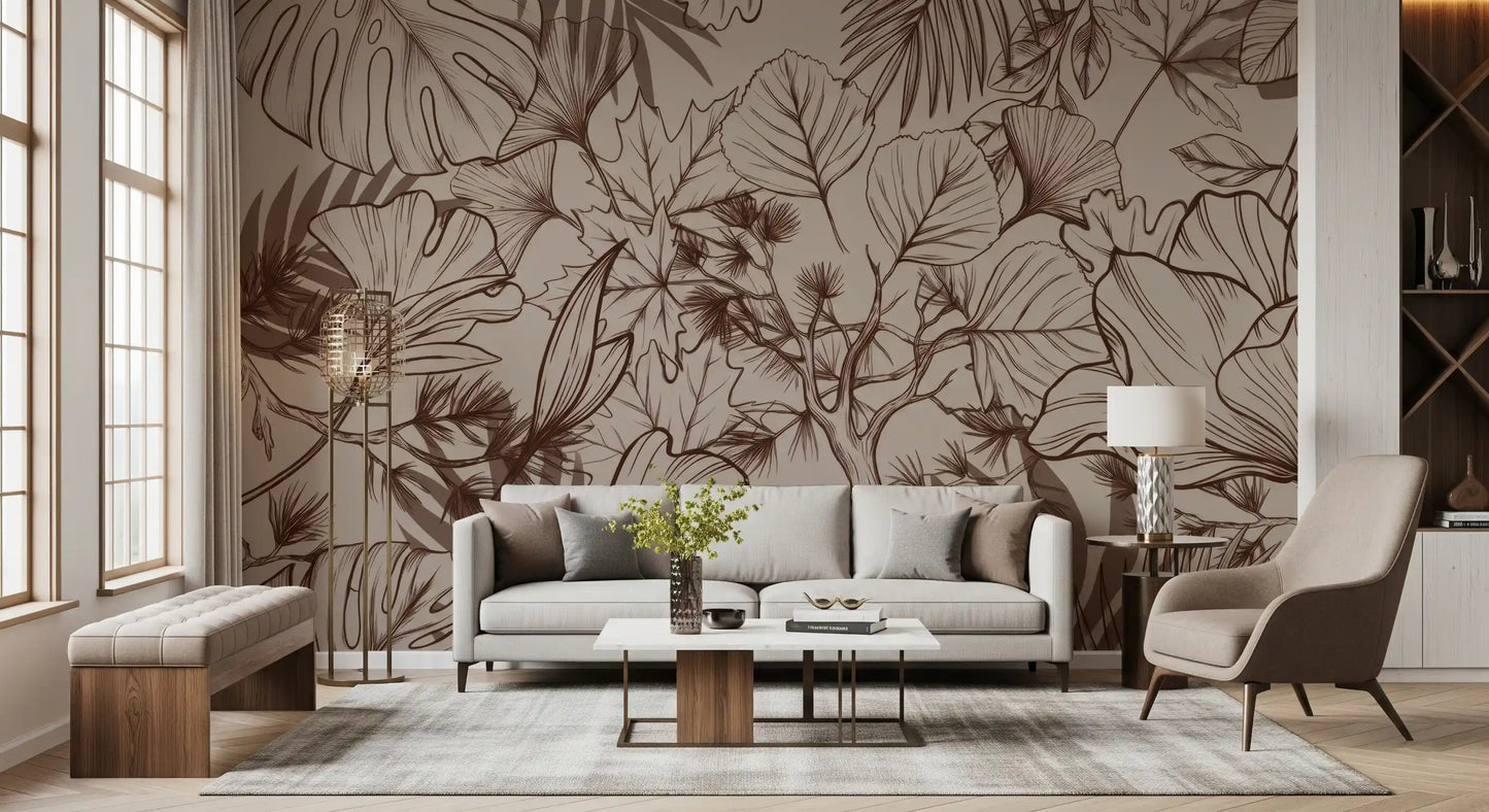 Monochromatic Botanical Line Art Wall Mural