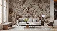 Monochromatic Botanical Line Art Wall Mural