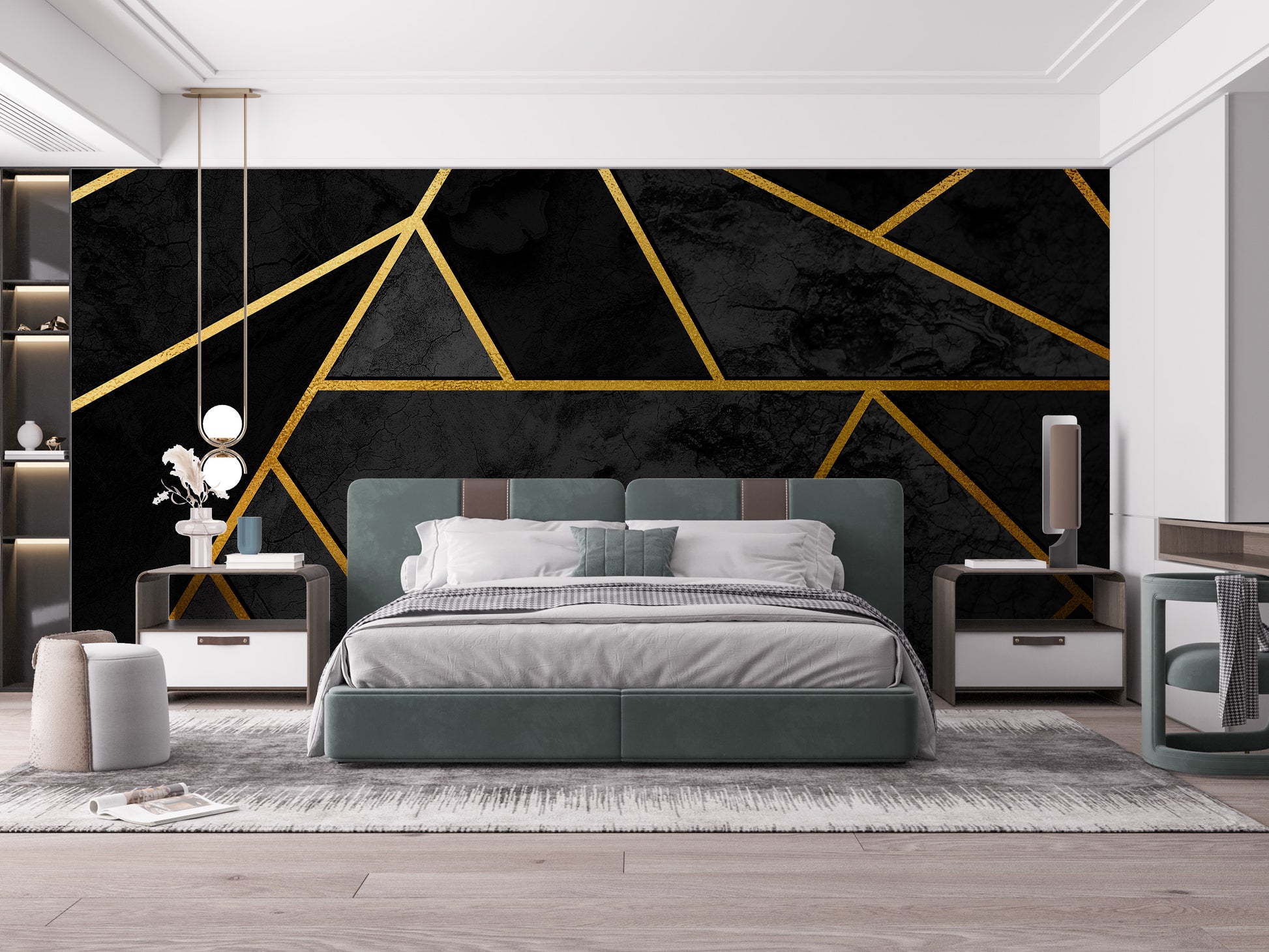 Black & Gold Geometric Mosaic 3D wallpaper styled along a hallway feature wall near a console in black tones