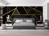 Black & Gold Geometric Mosaic 3D wallpaper styled along a hallway feature wall near a console in black tones