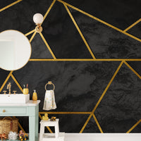 Black & Gold Geometric Mosaic 3D wallpaper as a feature wall in a home office workspace in black tones