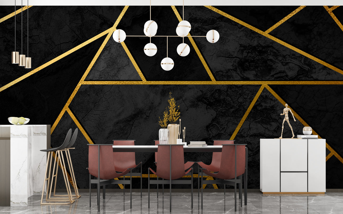 Black & Gold Geometric Mosaic 3D wallpaper styled as a feature wall behind a dining table and chairs in black tones