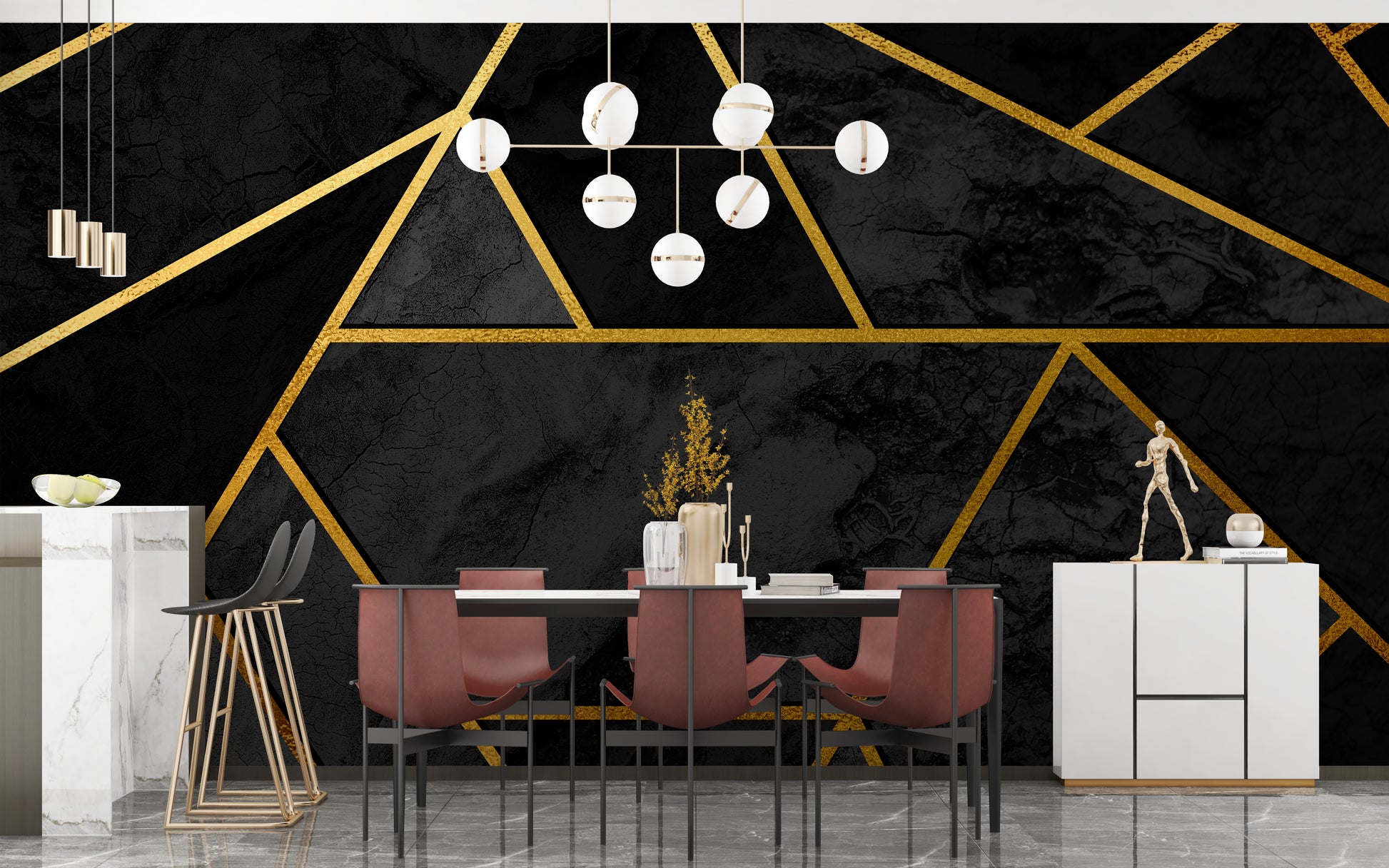 Black & Gold Geometric Mosaic 3D wallpaper styled as a feature wall behind a dining table and chairs in black tones