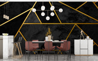 Black & Gold Geometric Mosaic 3D wallpaper styled as a feature wall behind a dining table and chairs in black tones