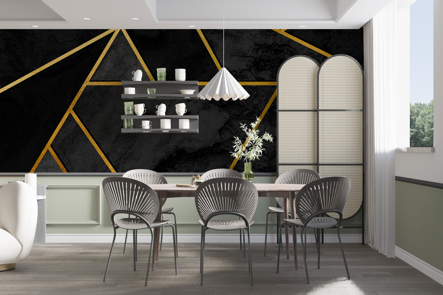 Black & Gold Geometric Mosaic 3D wallpaper as a bedroom feature wall behind the headboard in black tones