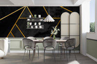 Black & Gold Geometric Mosaic 3D wallpaper as a bedroom feature wall behind the headboard in black tones