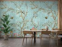 3D Vintage Chinoiseries wallpaper mural styled along a hallway feature wall near a console in blue tones