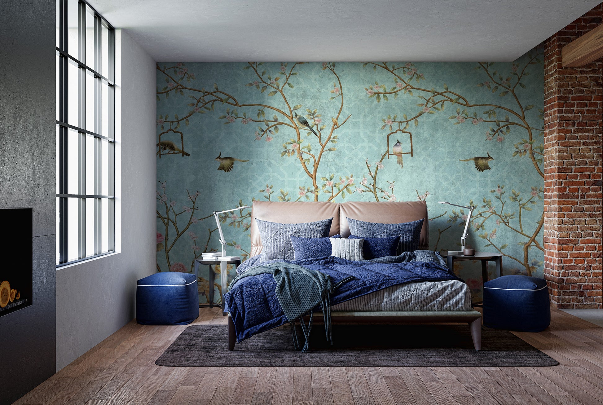 3D Vintage Chinoiseries wallpaper mural as a feature wall in a home office workspace in blue tones