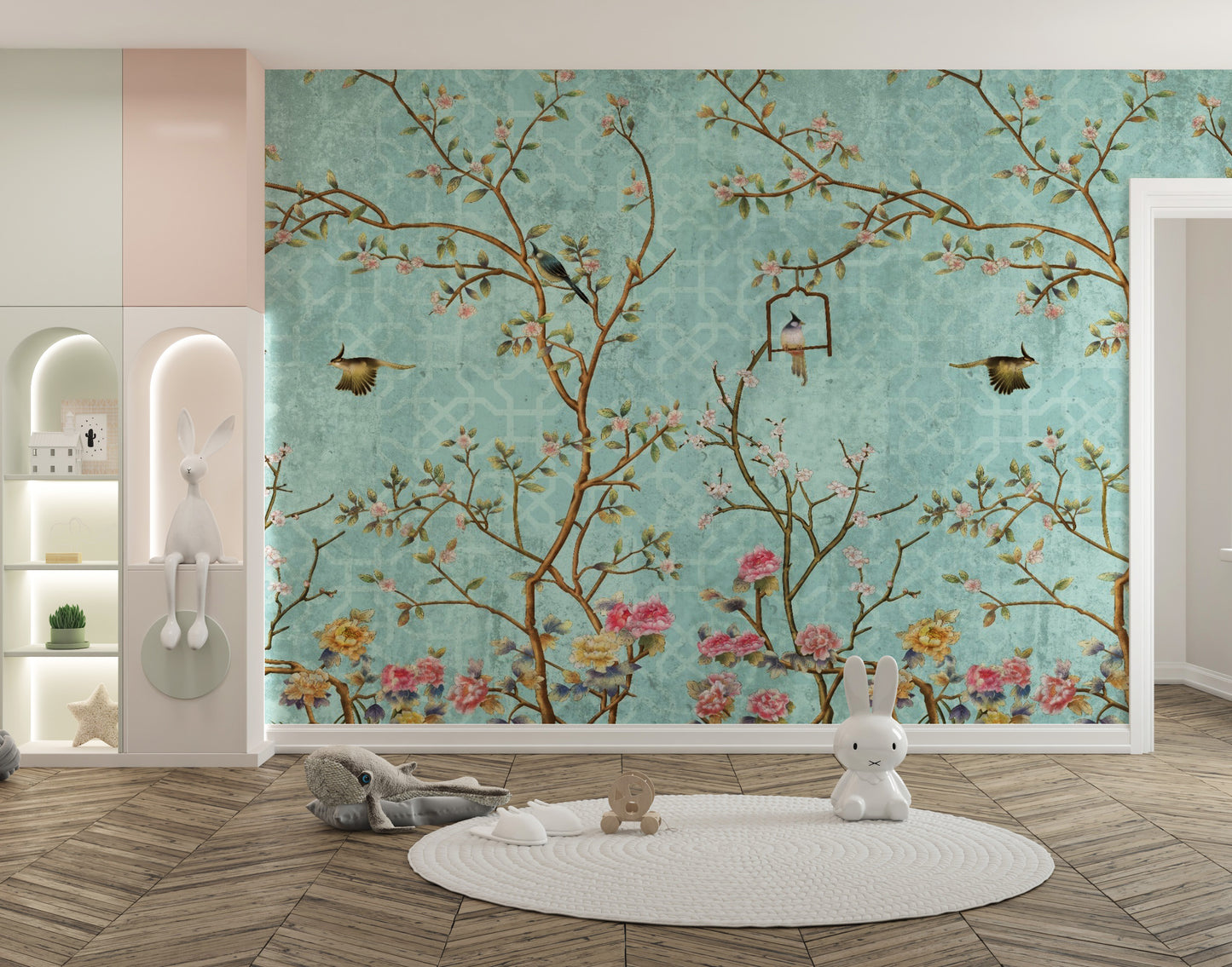 3D Vintage Chinoiseries wallpaper mural styled as a feature wall behind a dining table and chairs in blue tones