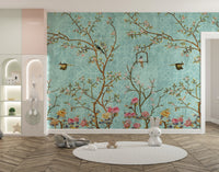 3D Vintage Chinoiseries wallpaper mural styled as a feature wall behind a dining table and chairs in blue tones