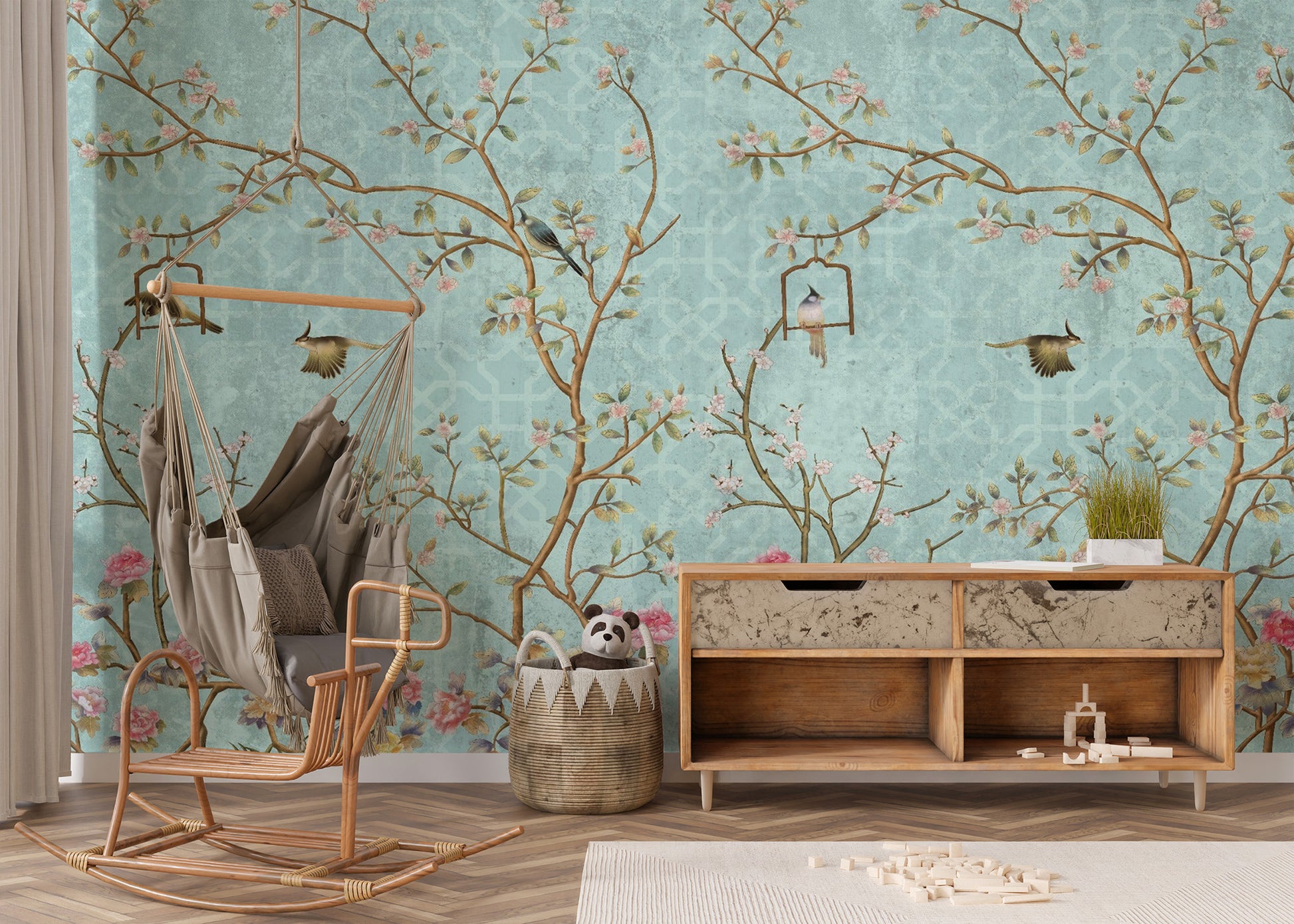 3D Vintage Chinoiseries wallpaper mural as a bedroom feature wall behind the headboard in blue tones