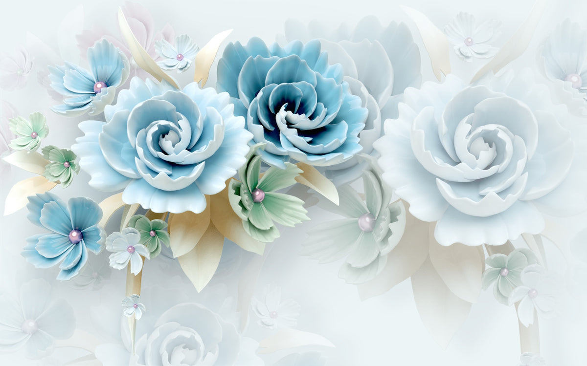 3D Large Blue Floral Wallpaper Mural in your room — zoomed