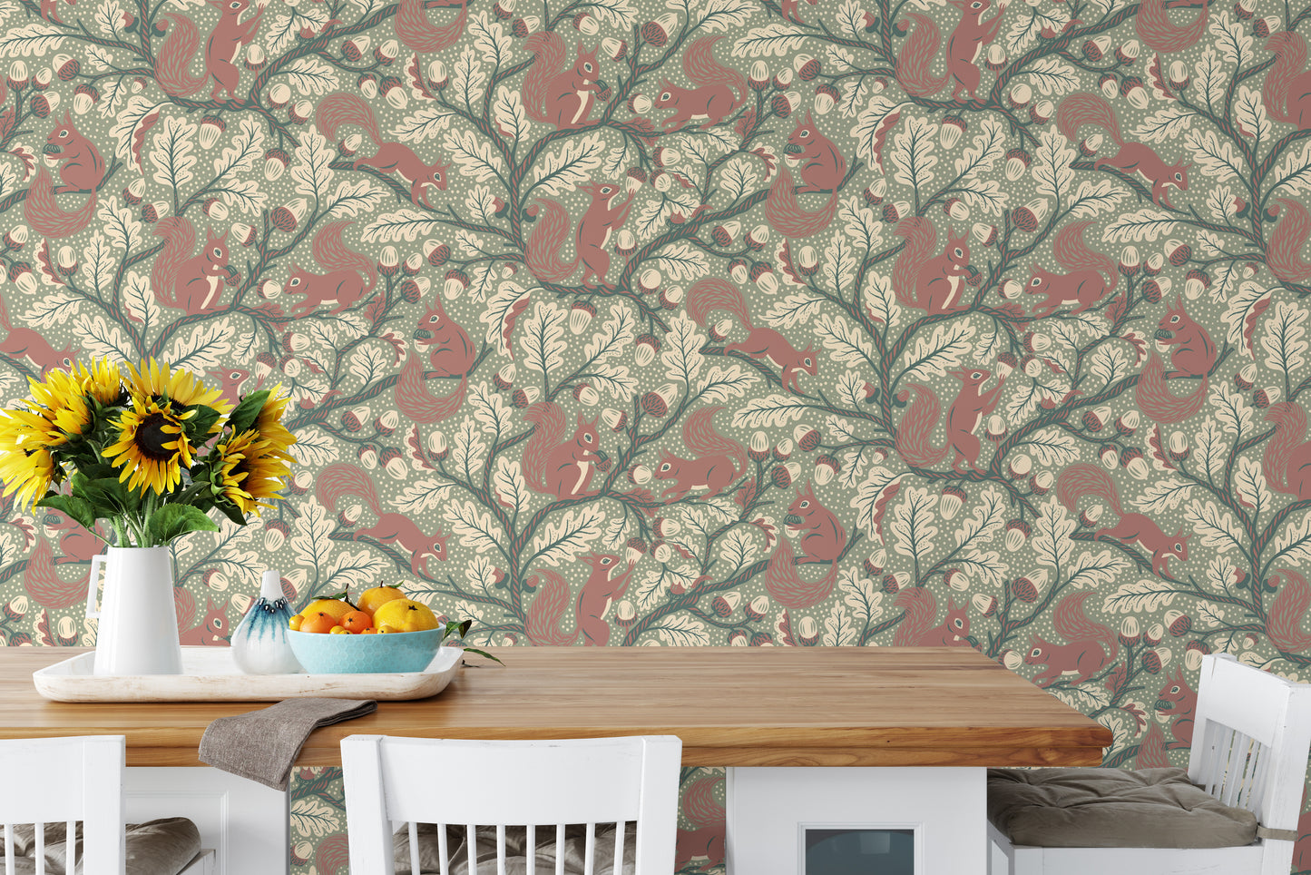 Playful squirrel wallpaper in leafy oak setting

