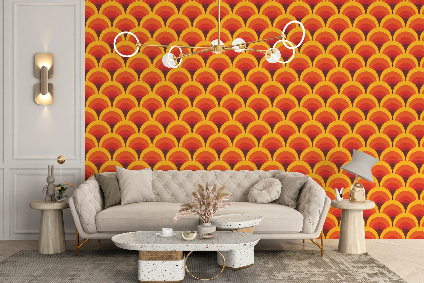 Bold geometric arch wallpaper in orange