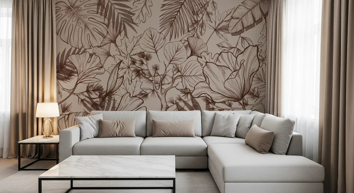 Monochromatic Botanical Line Art Wall Mural