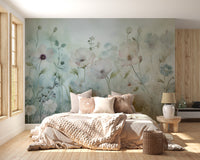 Soft and elegant spring field vintage green wallpaper for a cozy home.