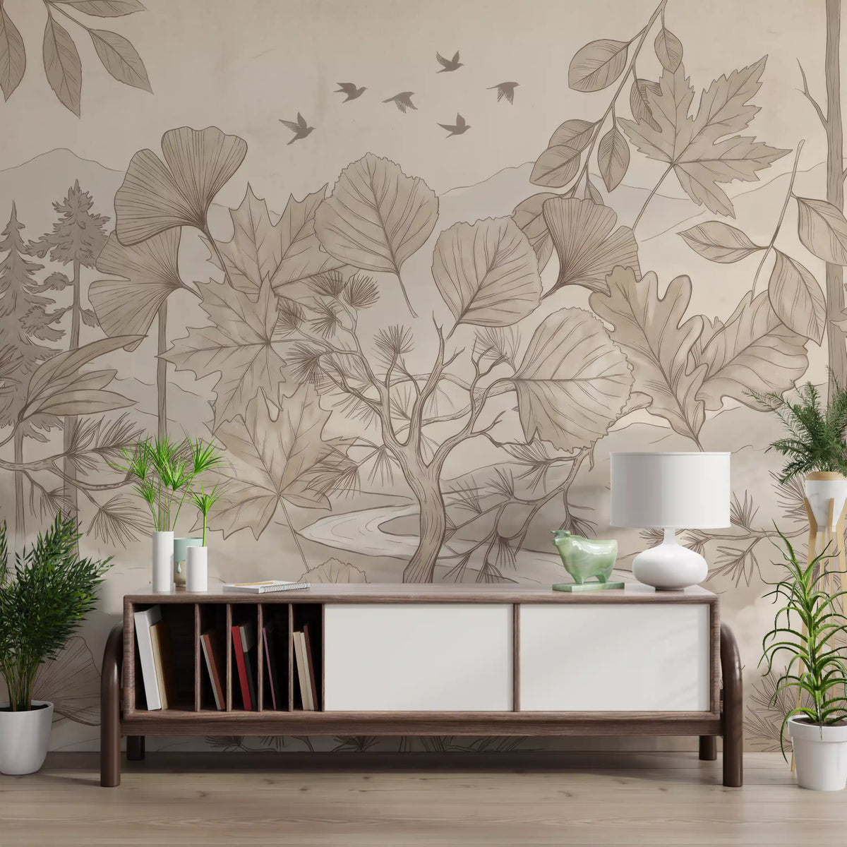 Sepia forest trail wall mural in a living room with wood sideboard and potted plants GD12606