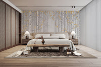 Nature-inspired birch trees wallpaper with yellow leaves