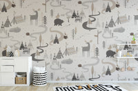 Cute woodland adventure wallpaper with animal patterns for kids.