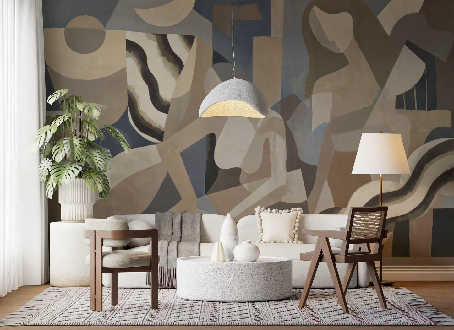 Contemporary smoke effect mural with curved abstract beige-grey patterns
