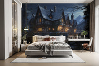 Halloween Haunted Cottage eerie wall mural.
