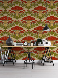 Artistic red heritage mushroom mural for unique wall styling.
