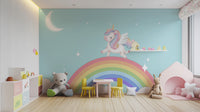 Starlit rainbow wallpaper featuring a majestic unicorn mural.
