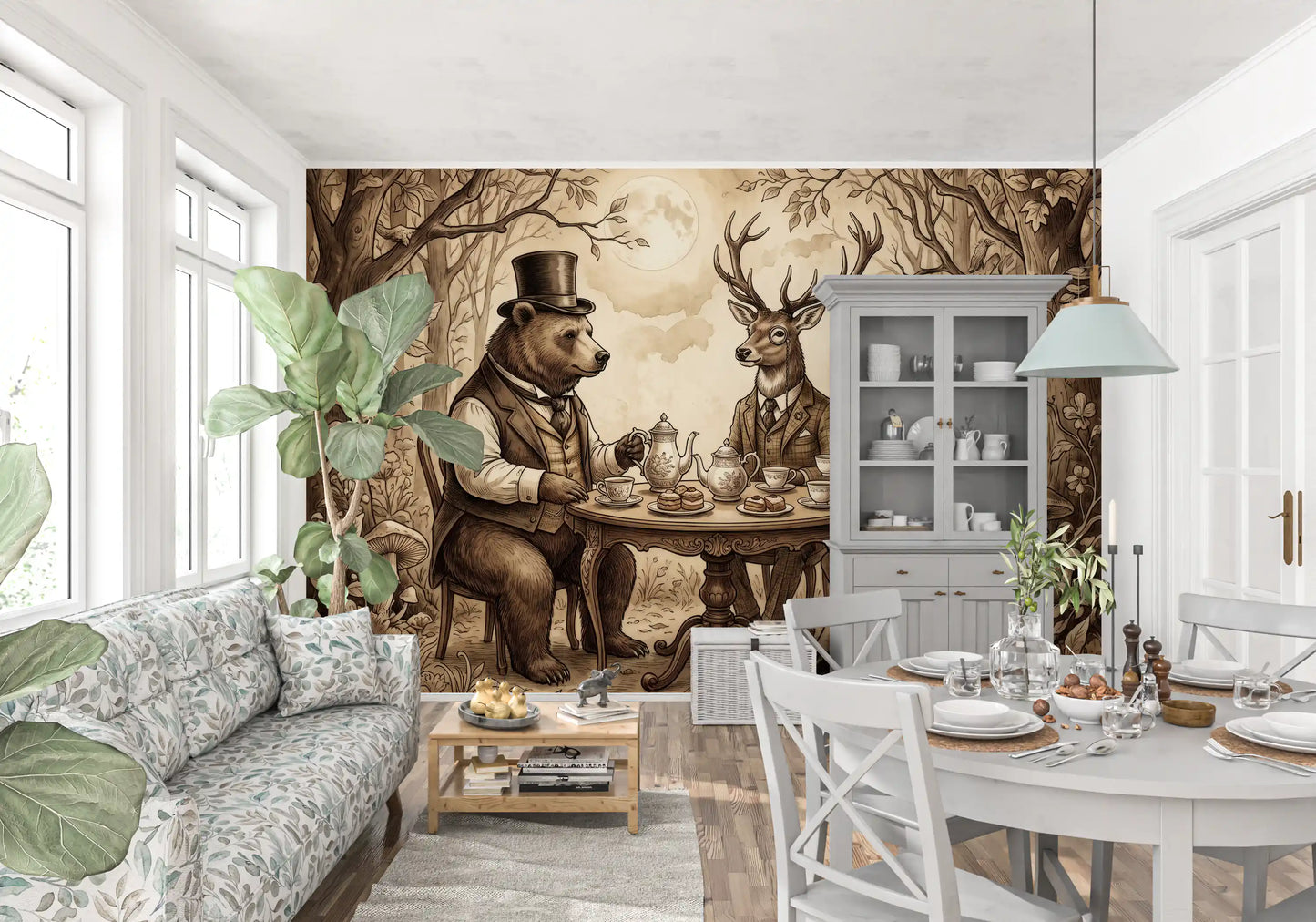 Woodland Tea Party in Sepia Wall Mural