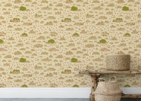 Pastoral landscape design wallpaper in soft tones.
