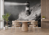 Stormy sea lighthouse black and white wallpaper
