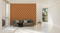 Retro-inspired wallpaper with dynamic flame motifs in living room