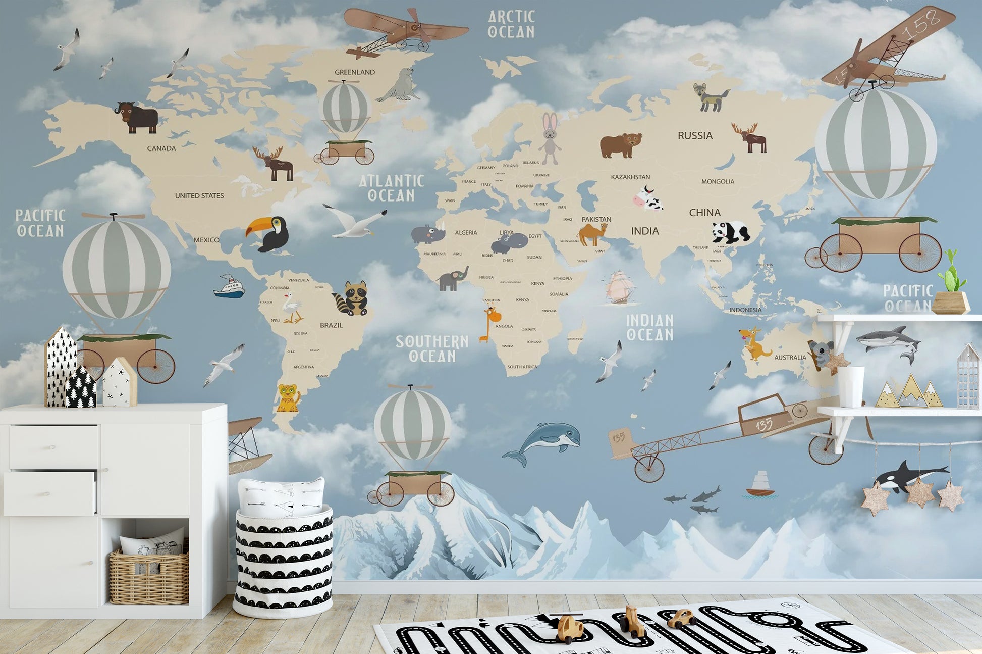 Playful children’s world map mural wallpaper
